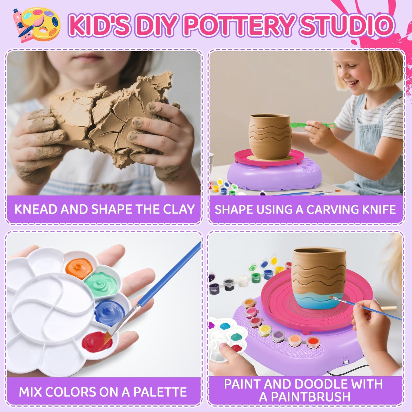Pottery Wheel for Kids, Arts & Crafts Pottery Painting Toys Kit for Kids Ages 8-12, Art Supplies with 3 Pack Air Dry Clay and Clay Tools, Birthday Easter Gift for Girls Boys 6 7 8 9 10 11 12