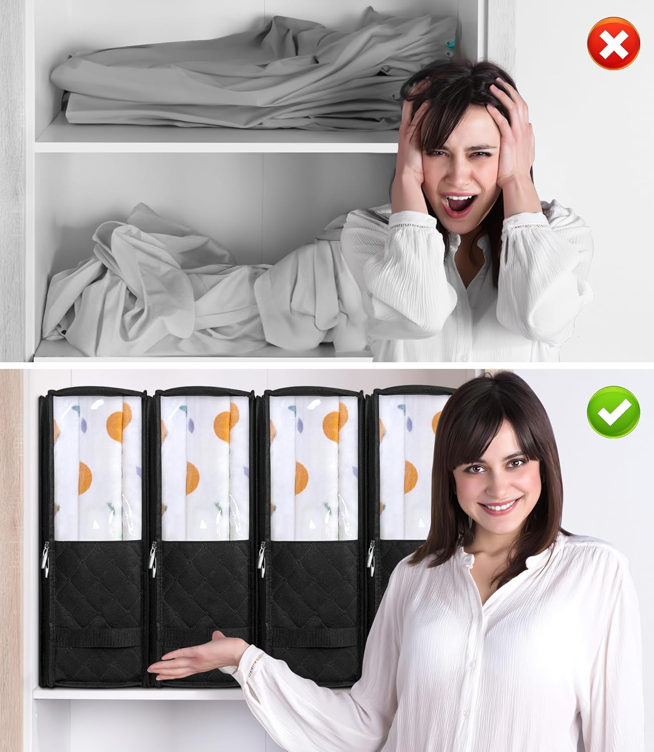 MISSLO 4 Pack Bed Sheet Organizers and Storage for Queen/King Size Sheets, Pillow Cases, Towels, Clothes with Clear