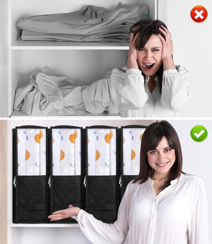 MISSLO 4 Pack Bed Sheet Organizers and Storage for Queen/King Size Sheets, Pillow Cases, Towels, Clothes with Clear