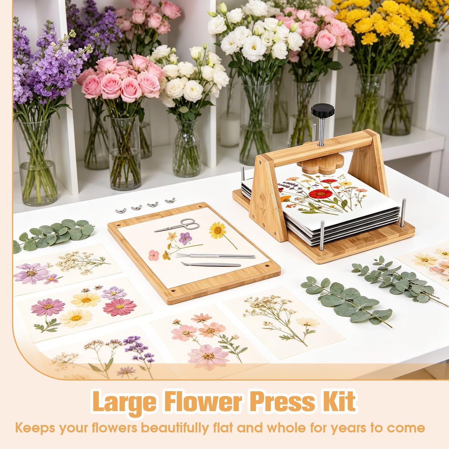 Bemoauty Flower Pressing Kit for Adults and Teens, 6 Layers Wood Flower Press 11.8" x 8", Flower Preservation Kits with 6 Sponge Sheet, Drying Plates and 24 Lining Papers, DIY Art & Crafts Gift