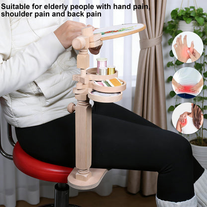 Adjustable Rotating Embroidery Hoop Stand - Beech Wood Holder with Storage Trays, Hands-Free Lap Design for Cross Stitch & Craft Needlework