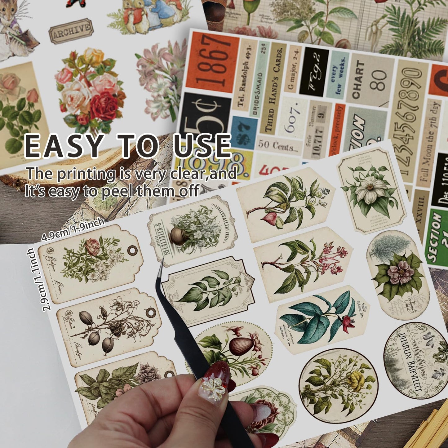 Bomichi Vintage Sticker Book with Washi Paper, Aesthetic Journaling Stickers for Scrapbooking, Bullet Junk Journal, Teen Girl, Water Bottle, Laptop, Planner, DIY Crafts