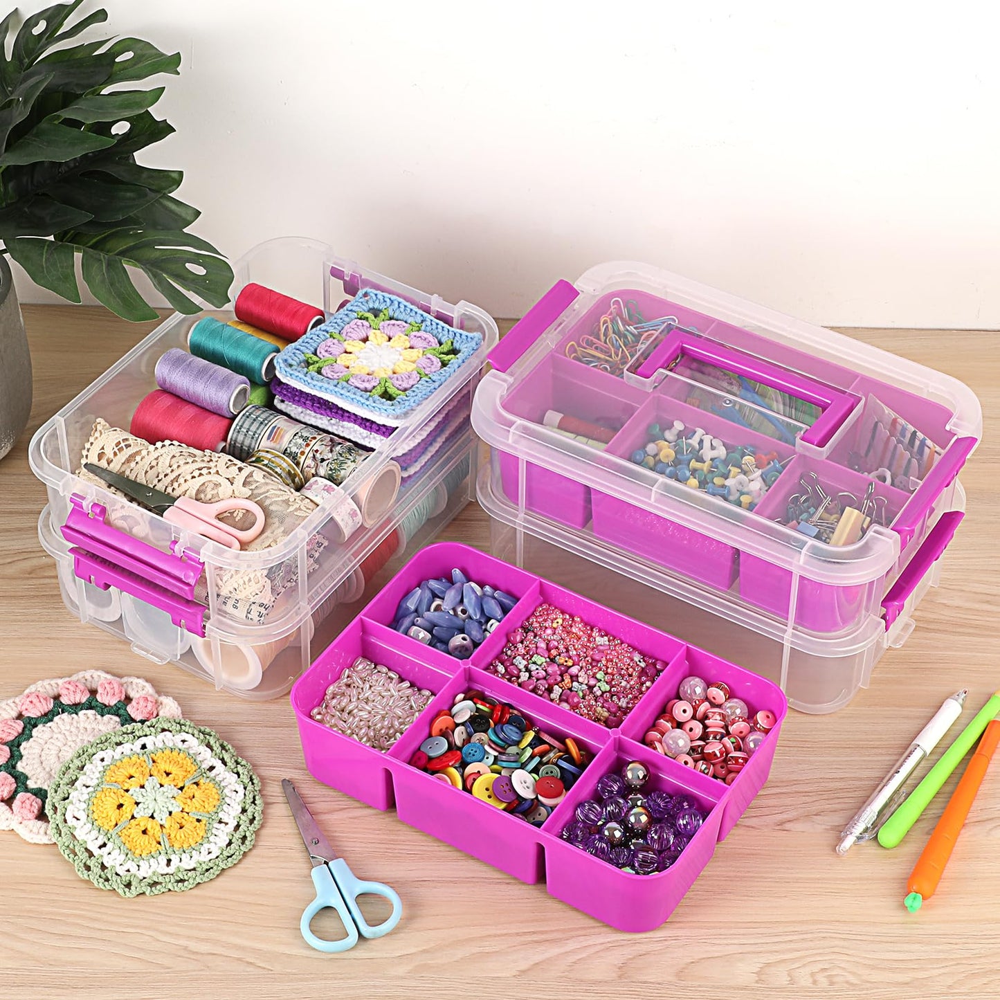JUXYES 4-Tiers Stack Carry Storage Box With 2 Divided Tray, Transparent Stackable Storage Bin With Handle Lid Latching Storage Container for School & Office Supplies, Purple