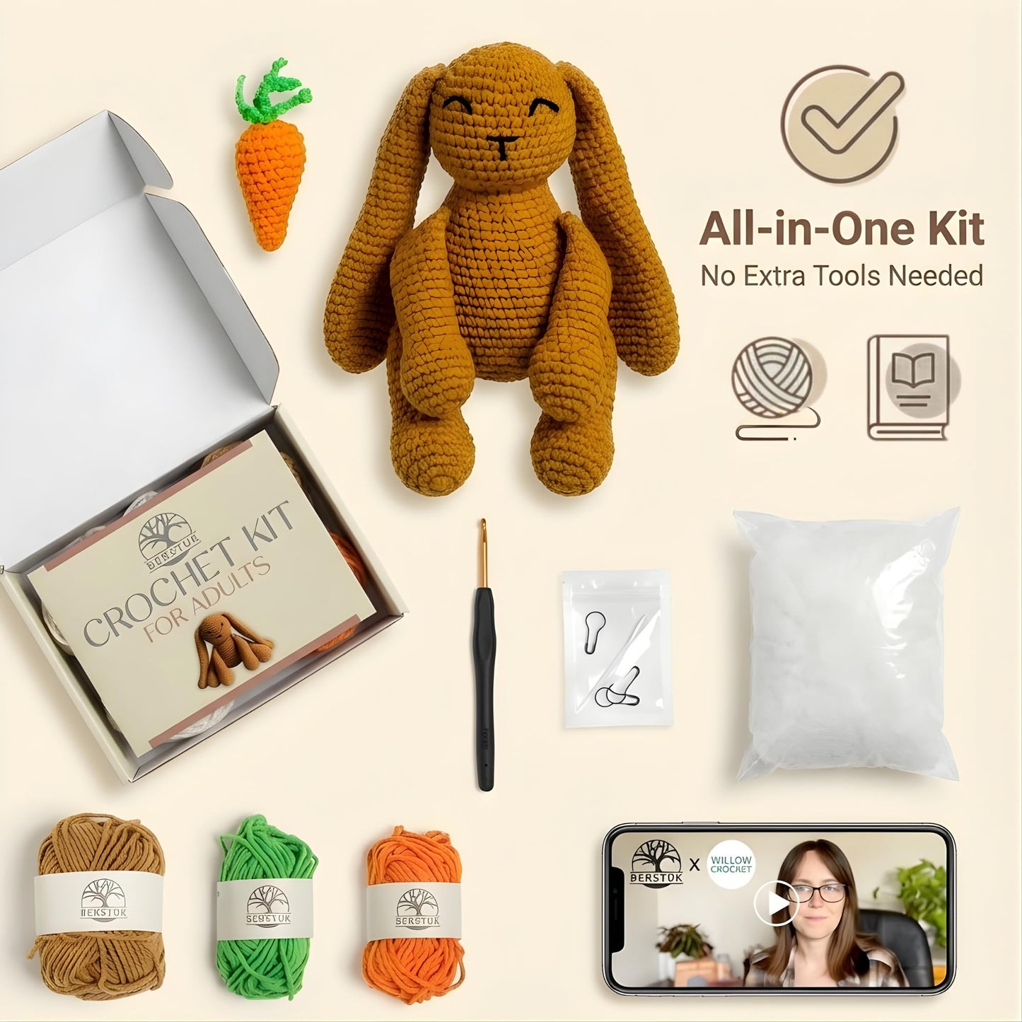 Berstuk Level 3 Intermediate Crochet Kit for Adults – Amigurumi Bunny Crochet Kit with Video Tutorials – Complete Crochet Animal Kit with Tools & Stuffing – Learn to Crochet Stuffed Animals