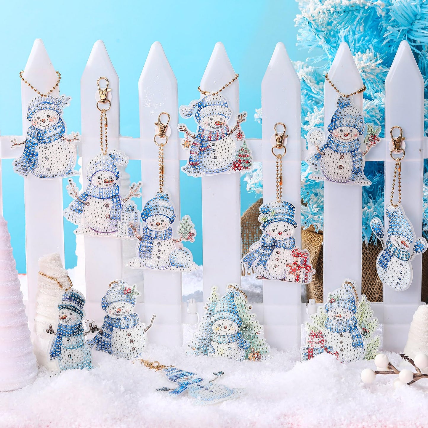 Ferraycle 12 Pcs Diamond Art Winter Ornaments Snowman Diamond Painting Kit DIY Art Keychains Winter Hanging Ornaments for Home Crafts Christmas Decorations(Blue)