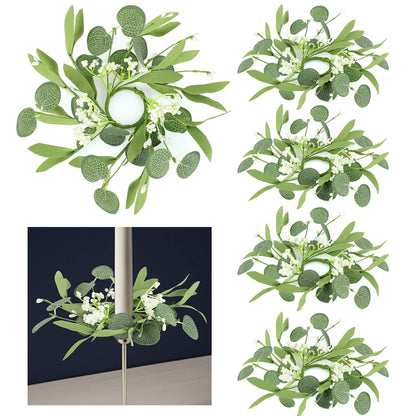 6 PCS Eucalyptus Taper Candle Rings Wreaths 1.38" Mini Spring Summer Floral Taper Candle Holder Wreaths Green Artificial Flower Table Centerpieces Wreath for Church Farmhouse Home Candlesticks Decor