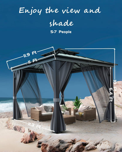 12x12FT Hardtop Gazebo, Heavy-Duty Aluminum Frame Canopy with Galvanized Steel Double Roof, Outdoor Pergola with Mosquito Netting & Waterproof Curtains for Patio, Backyard, Deck & Lawn