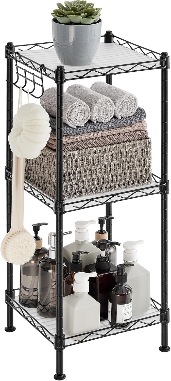 3-Tier 3 ULGR103B01 SONGMICS Bathroom Shelf, Storage Rack for Small Space, with PP Shelf Liners, Removable Hook