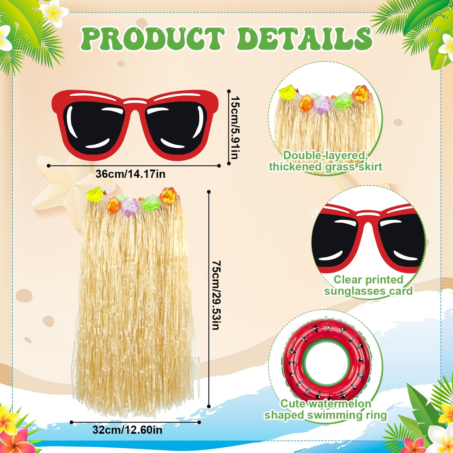 Jiytivity 8 Pcs 12 Ft Skeleton Summer Costume Set Hawaiian Skeleton Clothes Accessories Include Inflatable Watermelon Swimming Ring Hawaiian Leis Skirt Bracelet Glasses for Luau Garden Lawn Decor