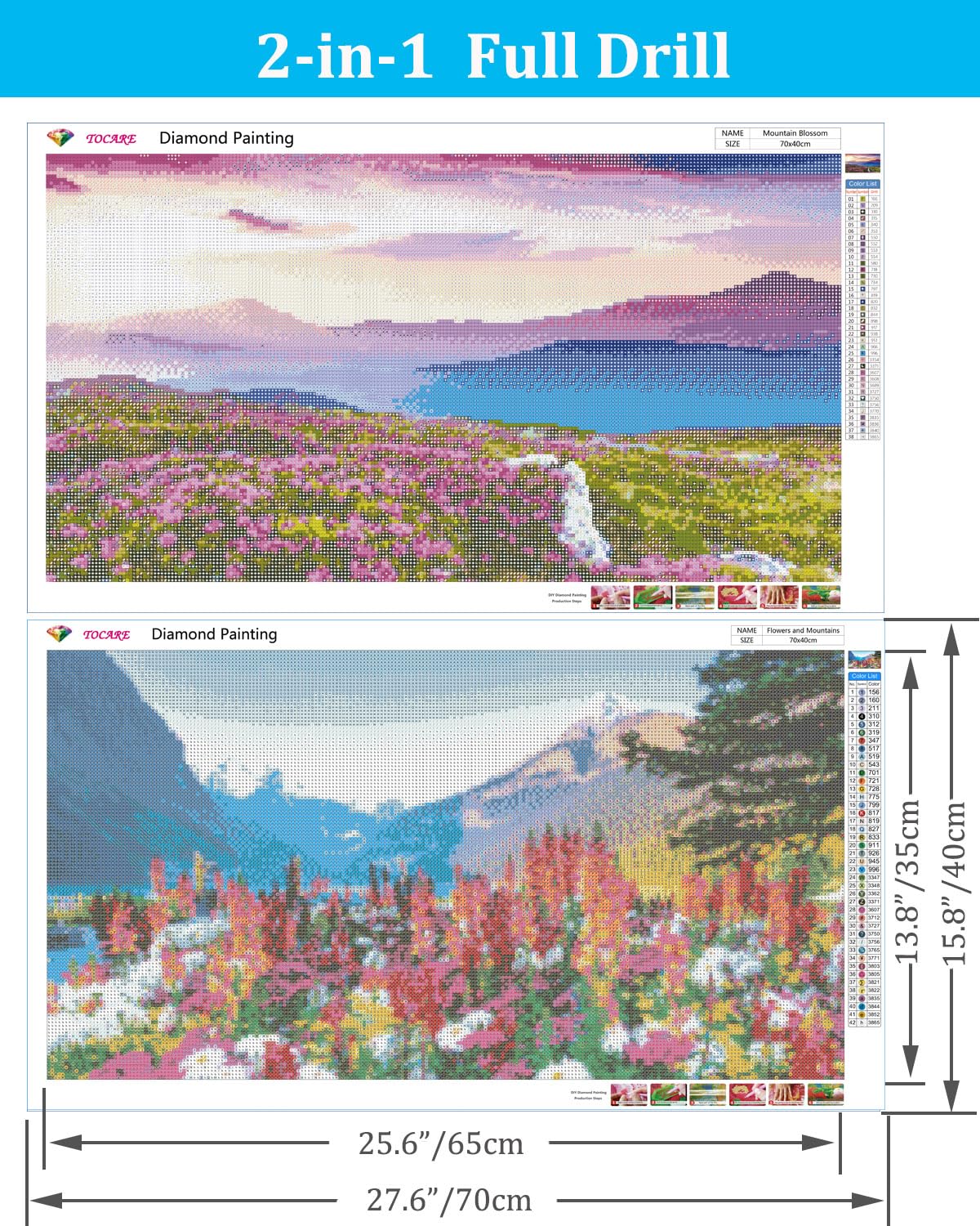 TOCARE 2 Pack Diamond Art Kits for Adults, Mountains Diamond Painting Kits Flowers, Large Size Diamond Art Kits for Adults Nature Scenery 16x28inch Home Wall Decor