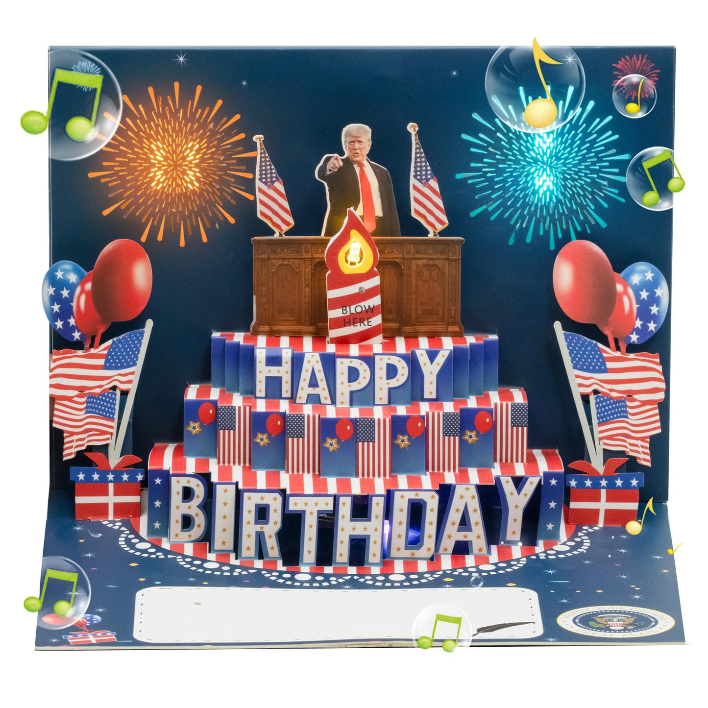 BELLESTILE Donald Trump Birthday Card with Lights and Music,3D Pop Up Fireworks Birthday Card with Blowable Candle,Greeting Cards,Birthday Gifts for Mom Women Men Kids Child Dad Father Wife ﻿