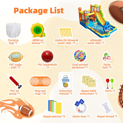 TOAOB Inflatable Water Slide for Kids 3-12: Blow Up Bounce House Backyard Water Park with 480W Blower- 9 in 1 Football-Themed for Outdoor Birthday Party