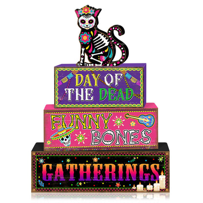 Britimes 4 Pcs Day of the Dead Table Decor Halloween Cat Tiered Tray Decorations Set Funny Bones Stack Block Signs Gift Rustic Farmhouse Tabletop Decor for Table & Home Office