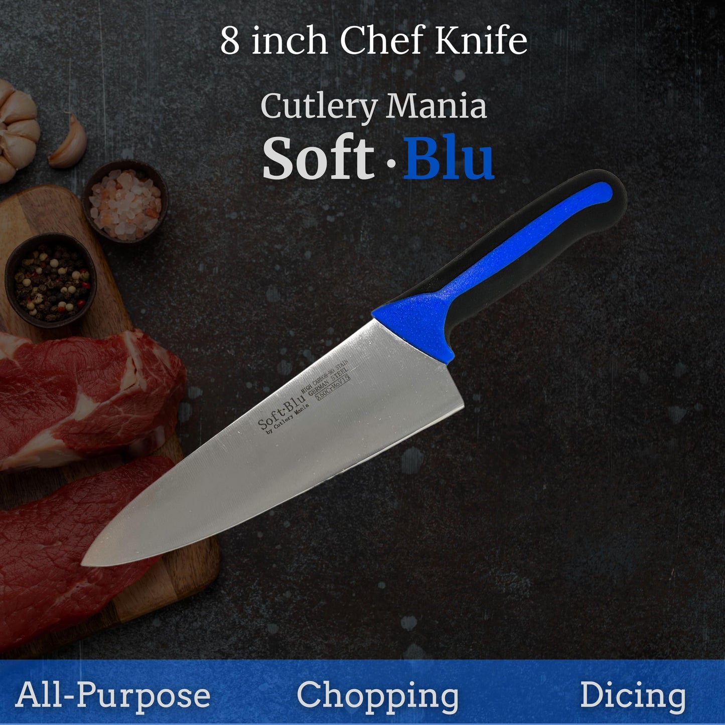 Cutlery Mania SoftBlu Professional Kitchen Knifes, X50CrMoV15 German Stainless Steel, Non-Slip Soft Grip Handle (Chef, 8")
