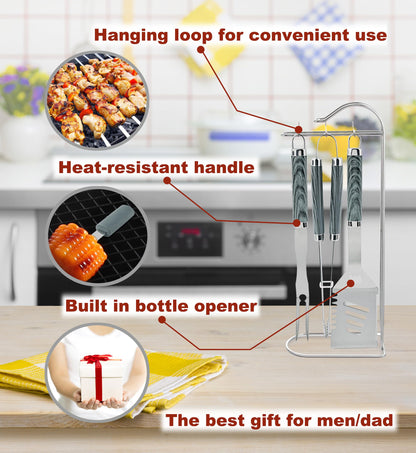 ROMANTICIST 20pc Heavy Duty BBQ Grill Tool Set in Case - The Very Best Grill Gift for Father's Day and Christmas - Professional BBQ Accessories Set for Outdoor Cooking Camping Grilling Smoking, Grey
