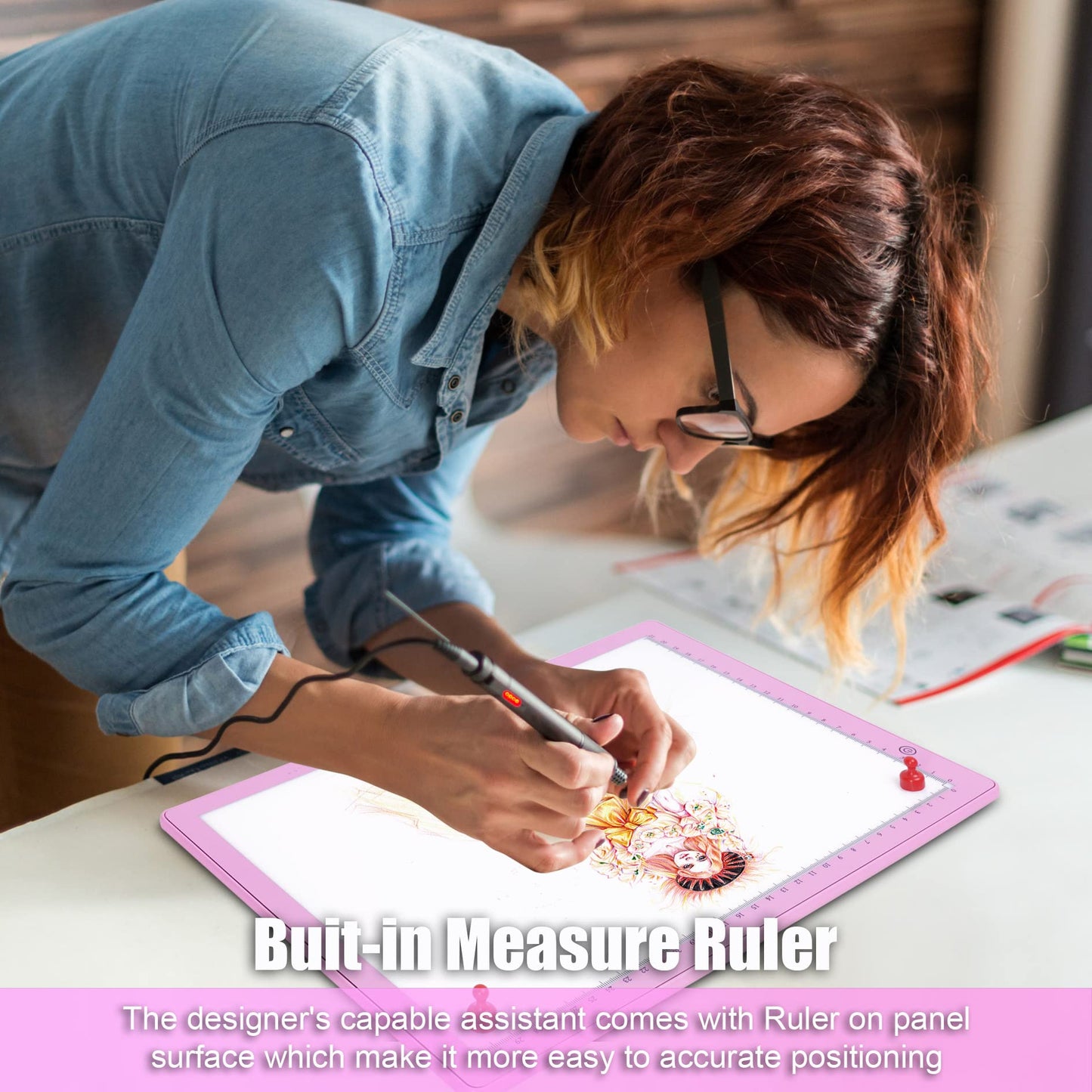comzler A4 LED Light Board, 3 Level Dimmable Brightness USB Power Artcraft Light Table for Tracing, Light Drawing Sketch Pad for Animation, Sketching, Drawing, Stenciling, Artists - Pink
