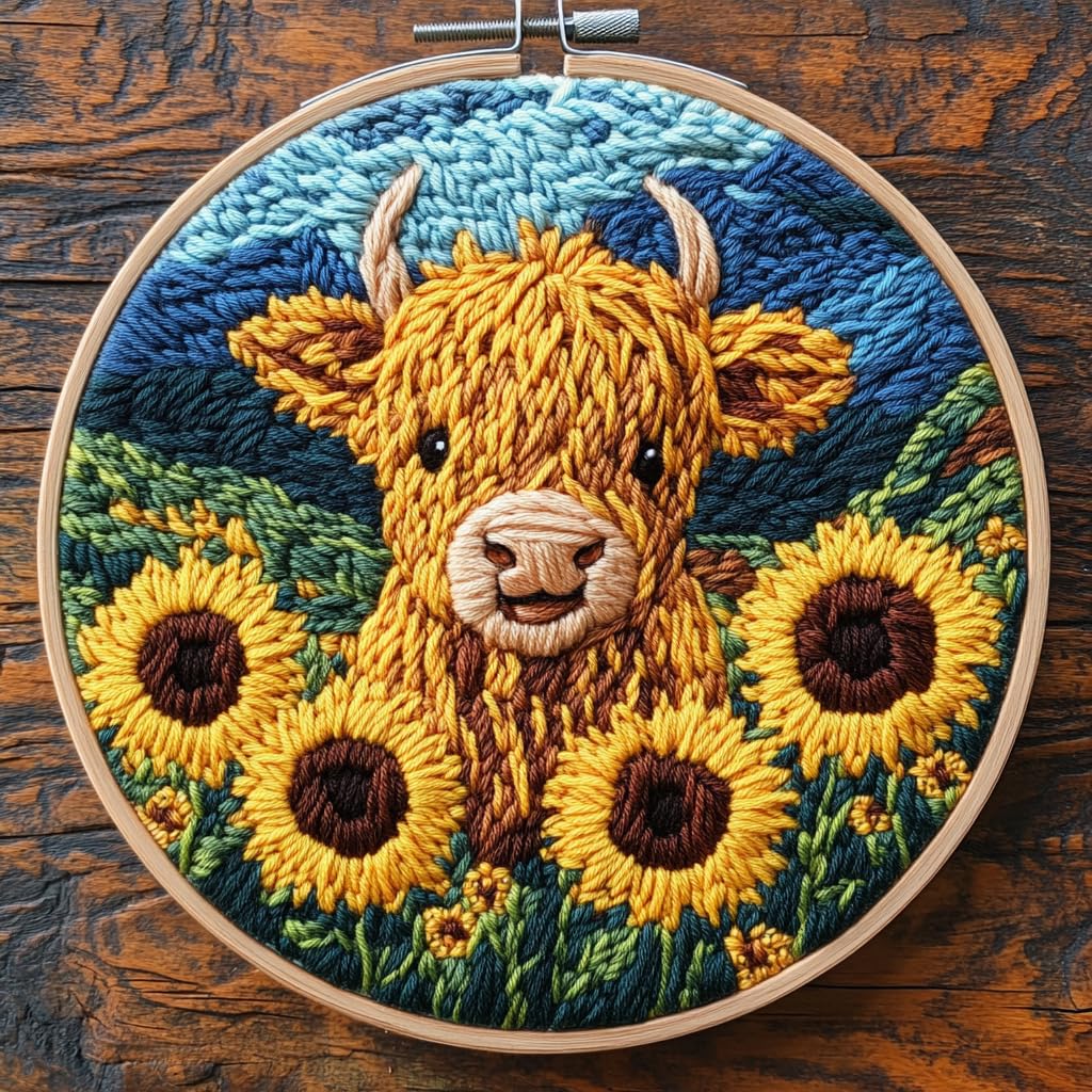 DIY Punch Needle Kits Cute Highland Cow in Sunflowers Easy for Beginners Punch Needle Embroidery Set for Craft Lovers with Printed Pattern and Hoop for Home Decor 20x20cm-11