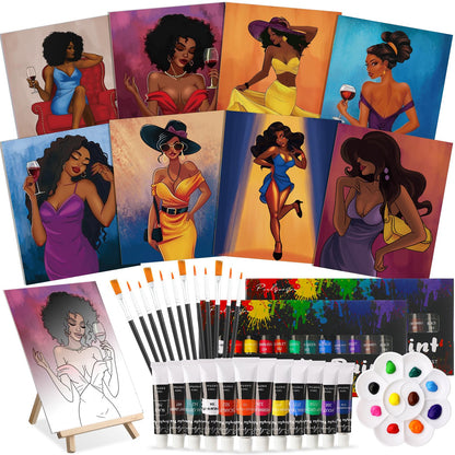 Cholemy 36 Pcs Paint and Sip Kit for Adults 8''x10'' Pre Drawn Canvas for Painting DIY Afro Acrylic Painting Kit Wood Easel Brushes Date Night Bulk for Father's Day Party Gifts(Charming Lady)