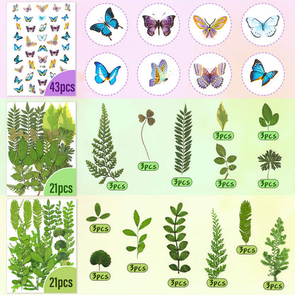 Nuanchu 223 Pcs Real Dried Pressed Flowers for Crafts Natural Dried Leaves and Butterfly Stickers Set Colorful Daisy Flowers and Adhesive Butterfly Decals for DIY Resin Jewelry Nail Crafts Floral Art