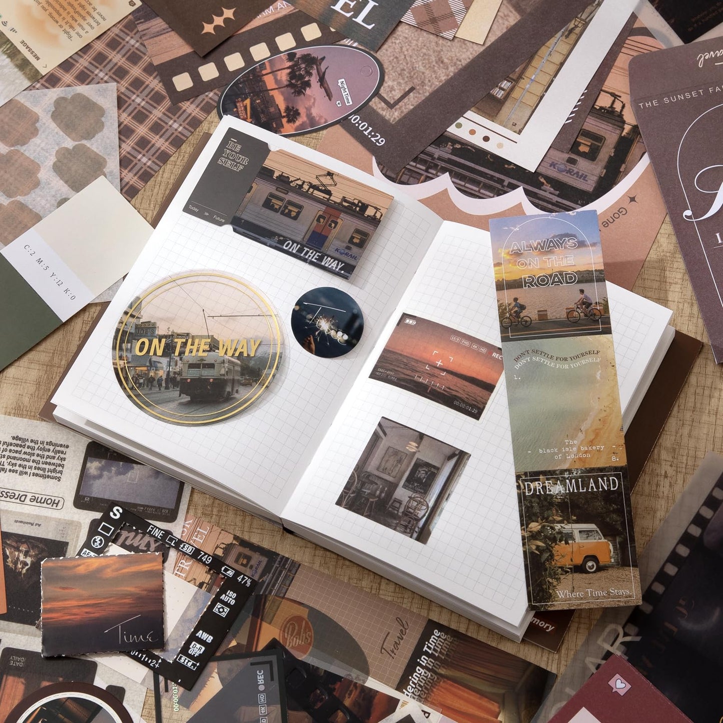 Travel Scrapbook Photo Album Supplies Kit with Tweezers and Glue Tape, Aesthetic Vintage Junk Journal Scrapbooking Paper, Sticker Pack, Notebook Craft Supplies, DIY Gift for Adult Men Women (Traveler)