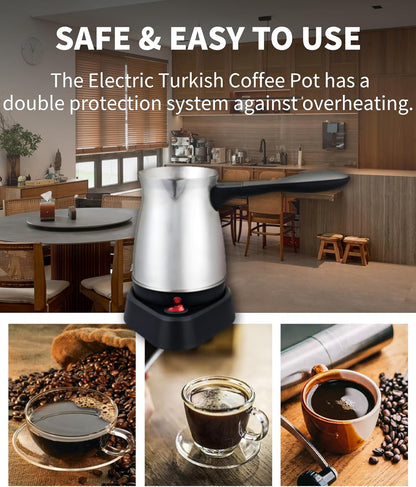 Electric Turkish Coffee Maker, 600ml Stainless Steel Pot, 5 to 6 Cup Capacity, Ergonomic Handle