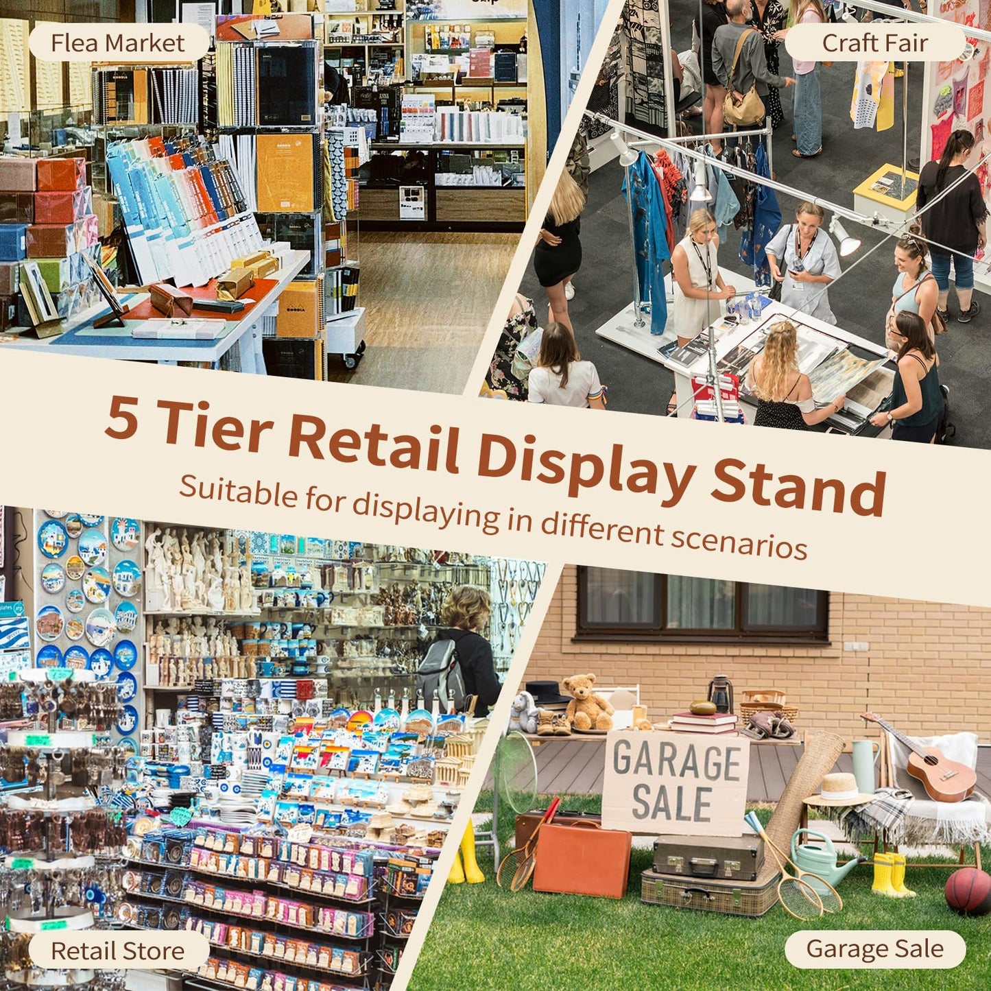 Flenpptly Retail Display Stand, 5-Tier Rotating Display Rack for Store Display, Movable and Adjustable Spinning Display Stand for Earrings, Jewelry, Keychains, Socks Display (Pink)