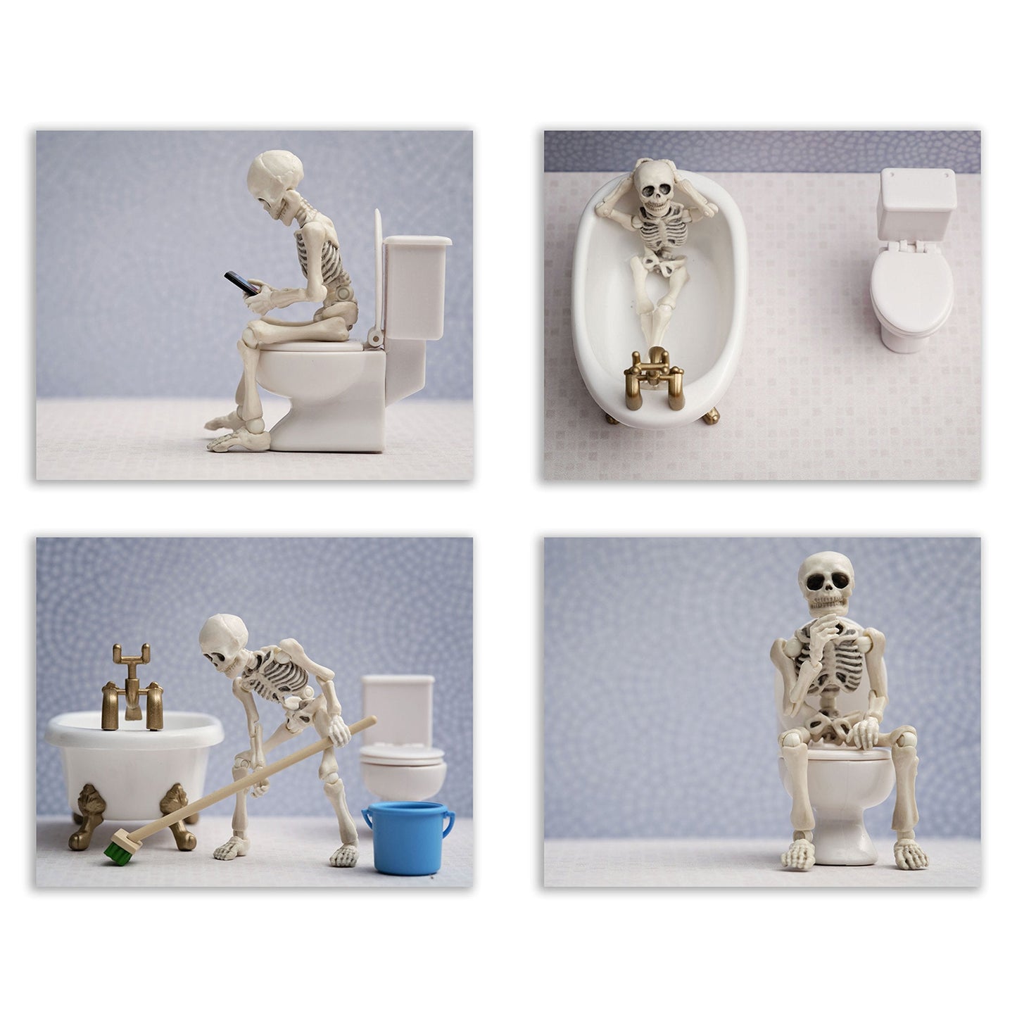 Funny Skeleton Bathroom Wall Art Prints Set of 4-8x10 Unframed Humorous Skull Toilet Decor Poster-Gothic Comedy Restroom Signs for Guest Bathroom Powder Room Man Cave-Dark Humor Home Decor Gift