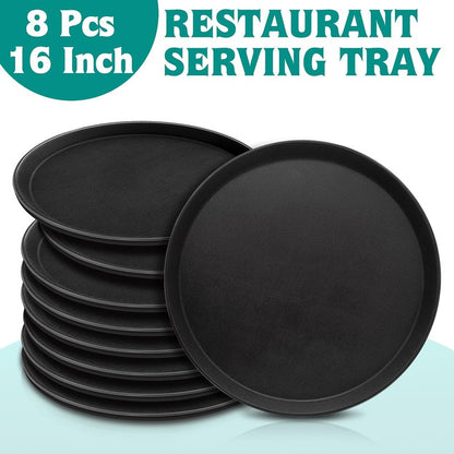 8 Pcs 16 Inch Round Serving Trays Restaurant Serving Trays Plastic Food Drink Serving Tray Non Slip Rubber Lined Black Serving Tray for Party Bar Restaurant Cocktail Cafeteria