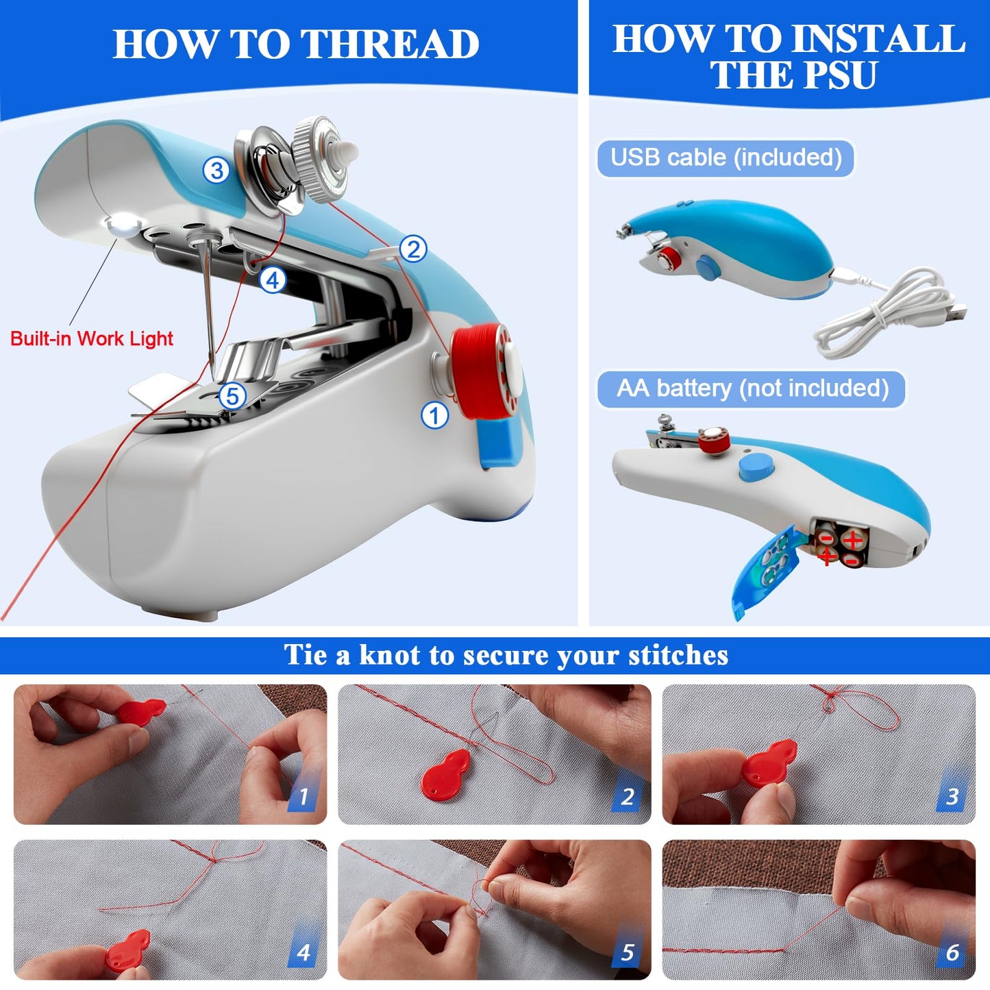 Handheld Sewing Machine Portable, New Exterior Design and Upgraded Technology, Dual-Speed, Built-in Work Light, Dual Power Supply. Perfect for Home & Travel, Adults & Beginners, for Clothes & Jeans