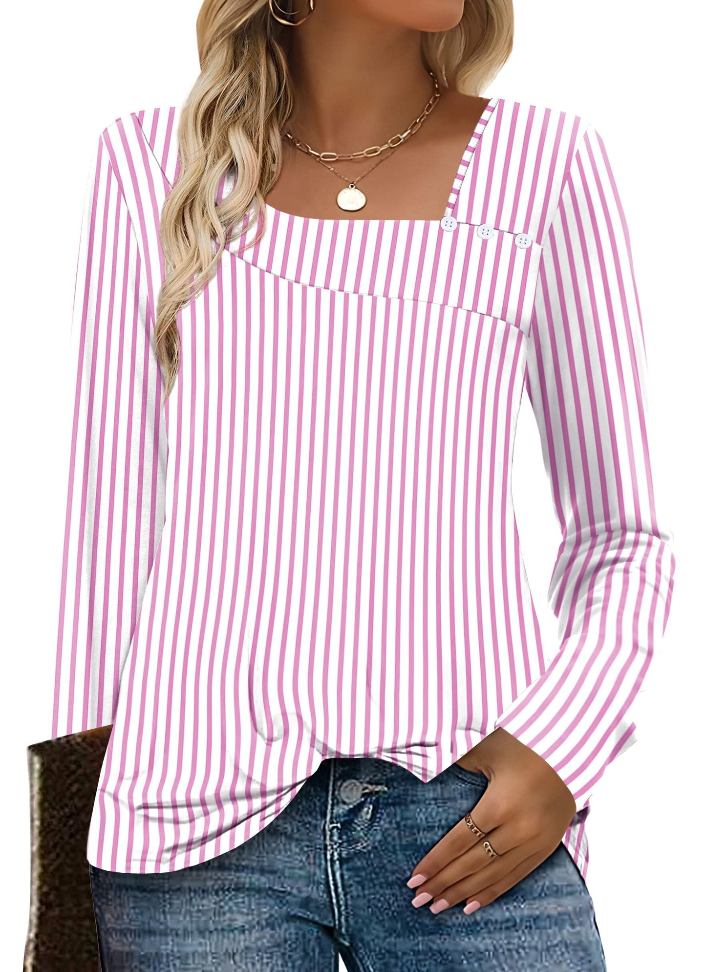 OFEEFAN Long Sleeve Shirts for Women Fall Clothes Asymmetric Square Neck Tunic Tops Decorative Buttons