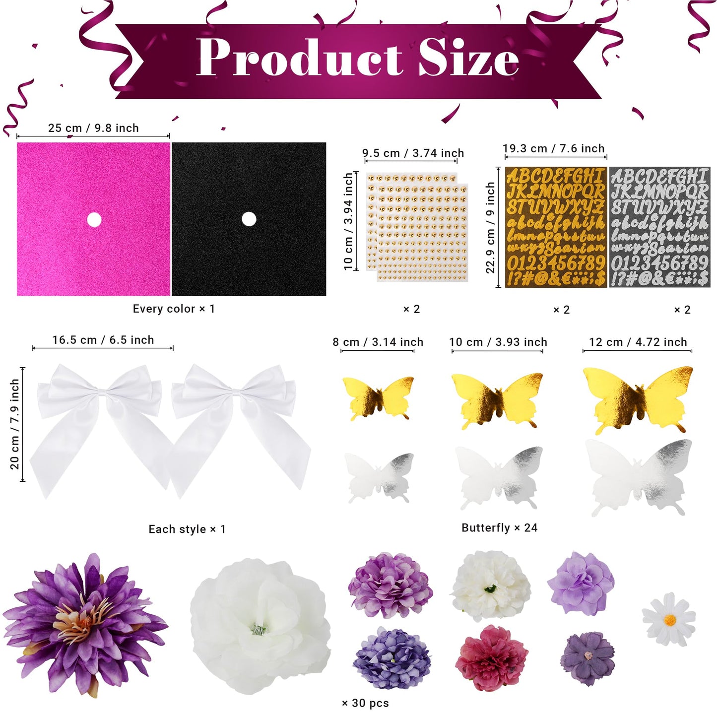 68 Pcs Purple DIY Graduation Cap Decorations Accessory Kit 3D Artificial Flowers White Bows Butterfly Glitter Alphabet Number Pearl Stickers for DIY Hat Grad Cap Topper Graduation Party Supplies