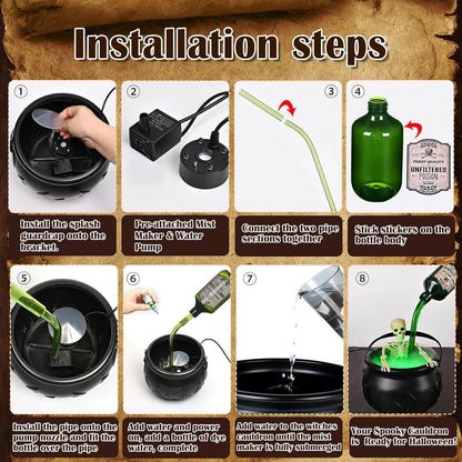 Halloween Decorations Indoor, Cauldron Halloween Decor with Magic Floating Potion Bottles and Diffuser - Black Witches Bowl Hocus Pocus Party Decoration for Spooky Home Kitchen Table (8in/20cm)