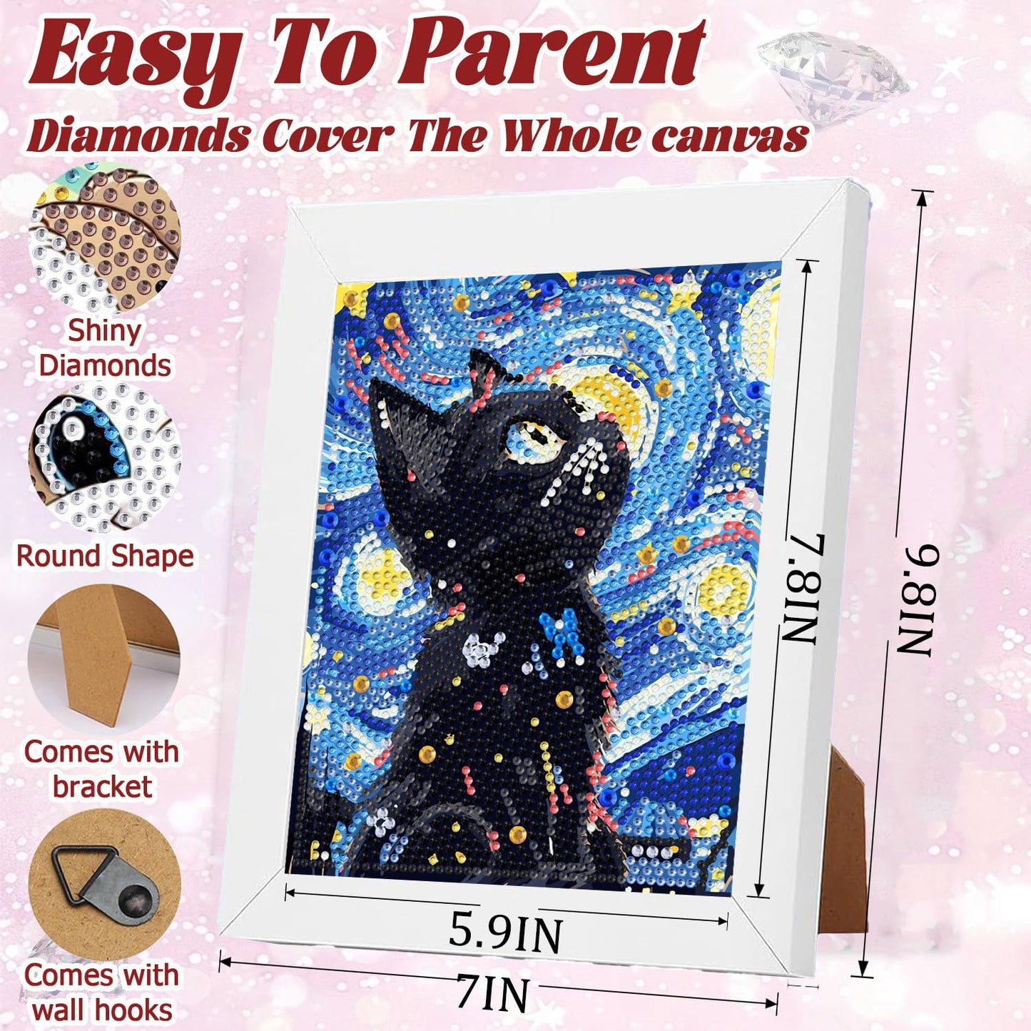 ICYANART Cat Diamond Art Kits for Kids with Frame, Cat Kids Diamond Art Painting Kit for Ages 6-8-12, DIY Gem Art for Girls,Boys, Beginners for Gifts Home Wall Decor 8x9inch