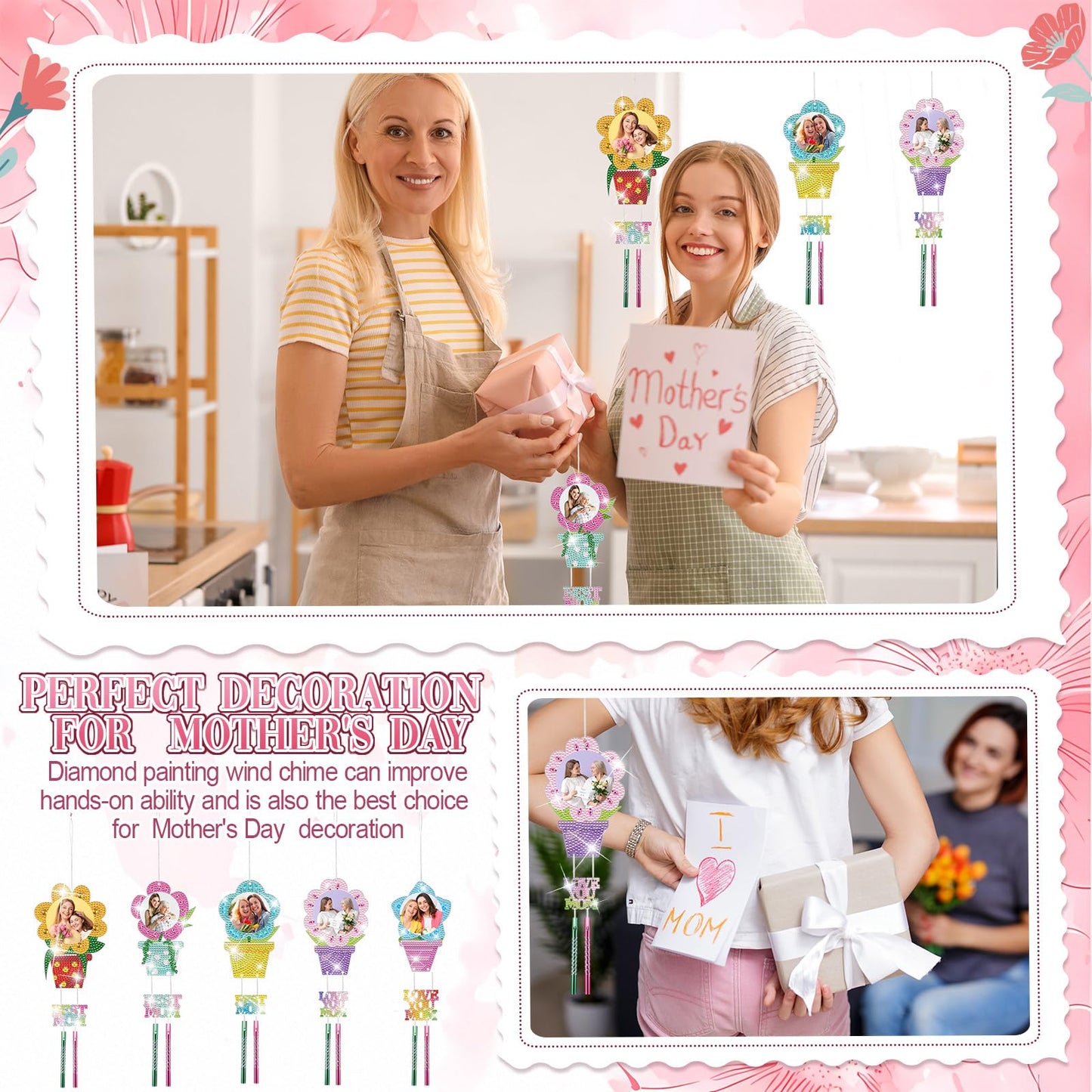 6 Sets Mother's Day Crafts Kits Diamond Painting Wind Chime Gifts Bulk Mothers Day Diamond Art Making Kits for Mom Women Employee Coworkers Friends Family Church DIY Activities