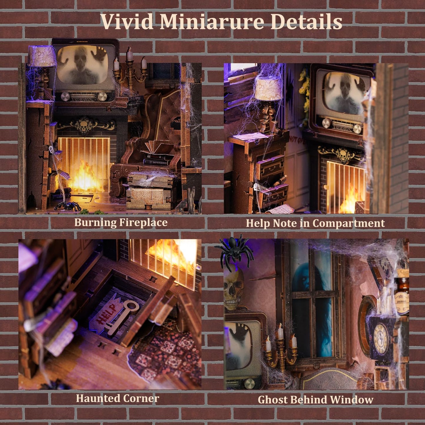 Book Nook Kit,DIY 3D Wooden Miniature Dollhouse Kit Gifts for Adults,The Phantom Chamber Haunted House Booknook with LED Light