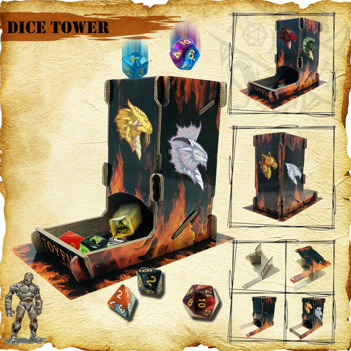TOYFUL 6 Sets DND Dice Polyhedral Dungeons and Dragons DND RPG MTG Table Game Dice Bulk with Free Six Drawstring Bags and D&D Dice Tower Black