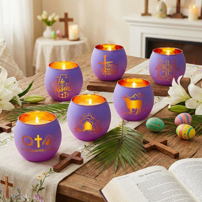 FoldTier 6 Pcs Easter Candle Holders He is Risen Tealight Votive Candle Holder for Table Centerpiece Christian Religious Glass Tealight Votive Easter Tabletop Decor for Home Altar Decoration