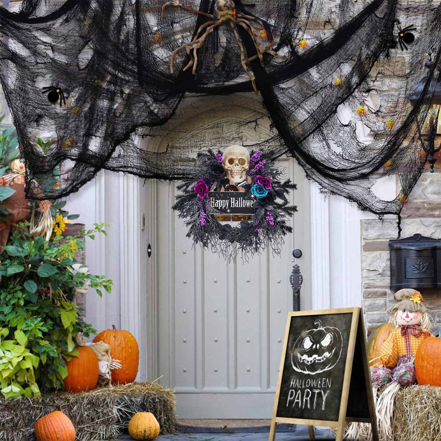 22 in Halloween Wreath for Front Door, Halloween Skull Wreath with Lights, Spooky Halloween Wreaths with Black, Blue, Purple Flowers, Indoor/Covered Outdoor Halloween Props Decoration