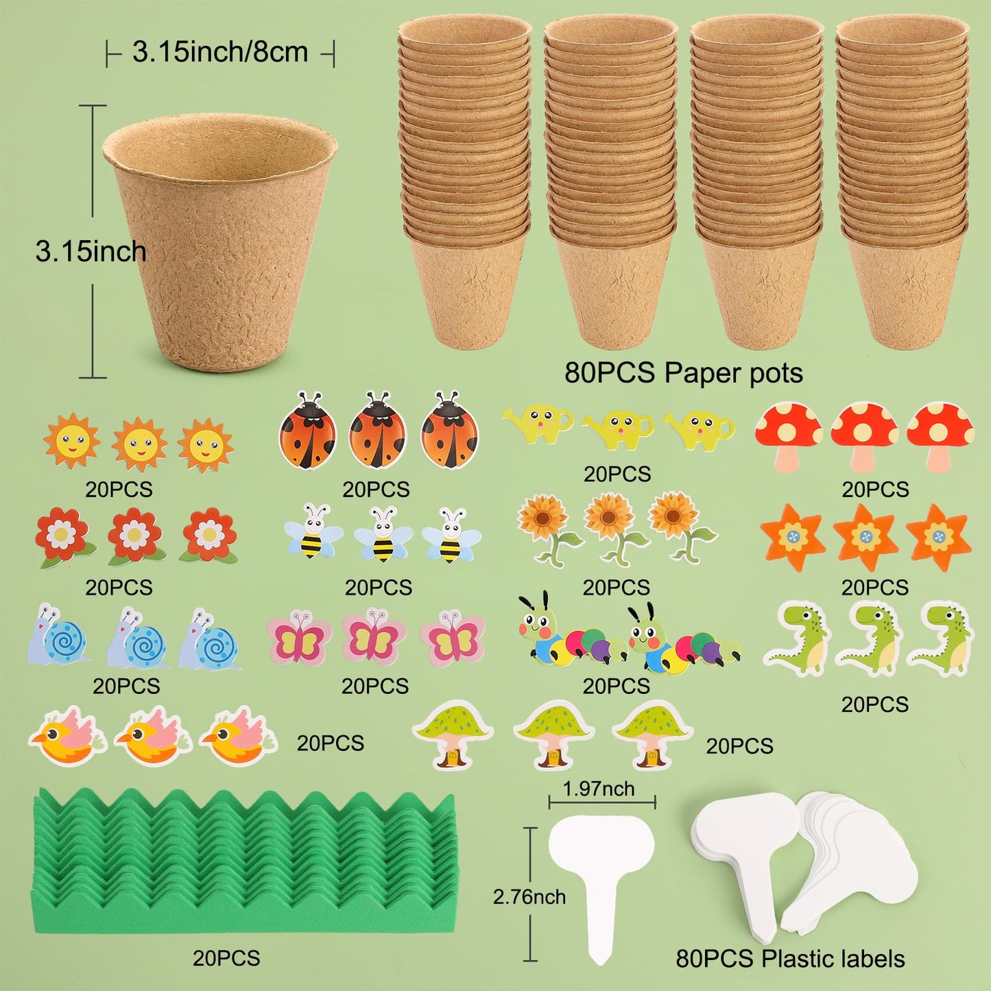 Ayfjovs 80 Pack Garden Paper Pot Craft Kit, Kids Flower Plant Growing Kit with 300 PCS Adhesive Foam Stickers and 80 PCS Plant Pots Labels for Classroom DIY Planting, Kids Summer Craft, Father's Day