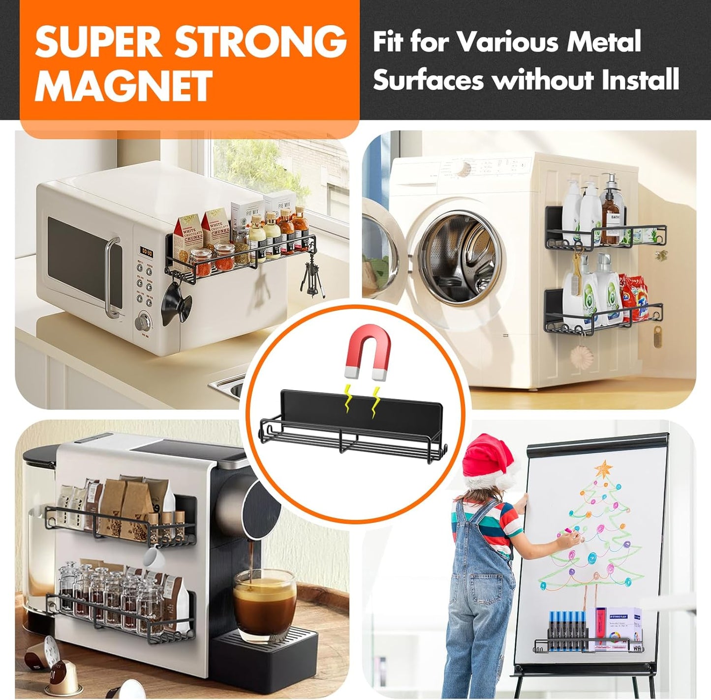 Magnetic Spice Rack for Refrigerator, 4 Pack Fridge Shelf with Hooks, Kitchen Organization and Storage Gadgets
