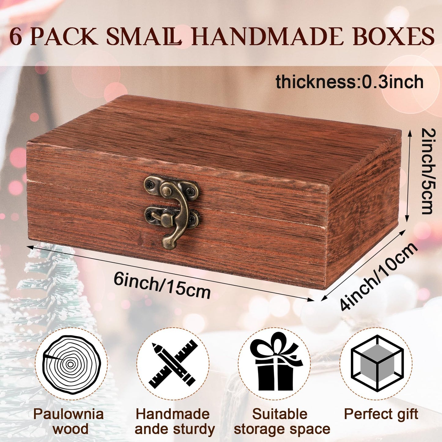 Uiifan 6 Pack Bulk Wooden Box 6 x 4 x 2 Small Unfinished Wooden Boxes with Hinged Lids Small Treasure Chest for Crafts Art Hobbies Storage Jewelry Box DIY Gift (Wood Color)