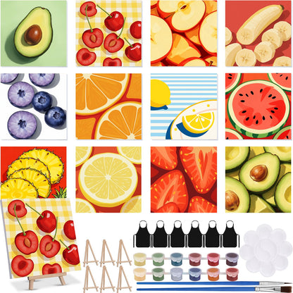 MotiMind 12 Sets Fruit Framed Paint by Number Kit for Adults with 12 Wooden Easels, 12 Disposable Apron, 12 Pigment 12 Brush, 12 Palette, DIY Acrylic Paint by Number Kits for Party