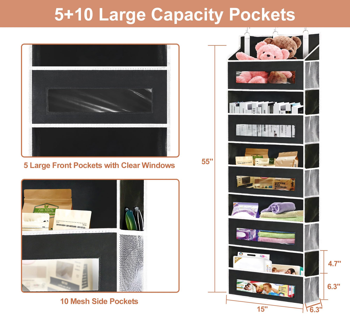 2 Packs 5-Tier Over The Door Organizer with 10 Side Mesh Pockets, 48 lbs Load Capacity, 3 Hooks Design, Hanging Organizer with Clear Windows for Bathroom, Bedroom, Nursery, Kitchen-Grey