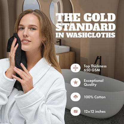 24 Pack 600 100% 12x12 Inches White Classic Wealuxe Black Washcloths - GSM Ring-Spun Cotton Wash Cloths for Showering