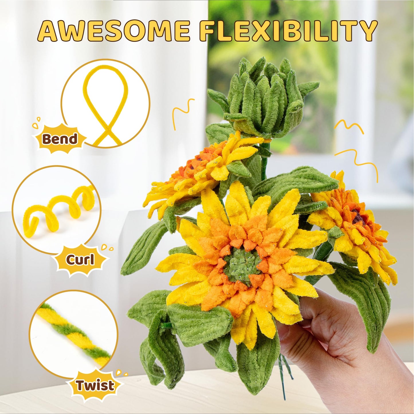 POMBUDS 430 PCS Pipe Cleaners Flower Kit, Sunflower, 6 Bright Color, with Potted Plant Accessories, Durable Chenille Stems Fuzzy Sticks Craft Supplies, Pipe Cleaner for DIY Art and Craft