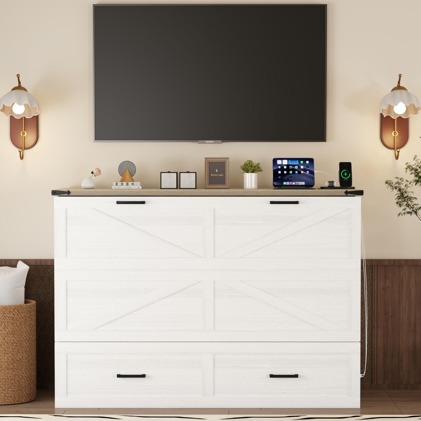 Merax Modern Farmhouse Solid Wood Murphy Cabinet Bed with Charging Station, Foldable Wall Platform Bed with Storage Drawer/No Box Spring Needed/Easy Assemble/Full, White