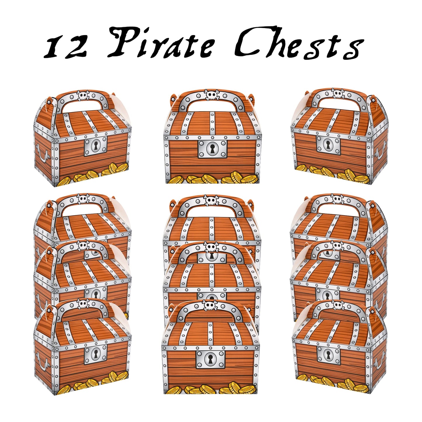 GRANITE MOUNTAIN PRODUCTS Treasure Chest Treat Boxes For Gold Coins, Candy | Pirate Party Supplies | 12 Treasure Chest Party Favor Box & 144 Gold Coins | Halloween Costume Accessory | Pinata Filler
