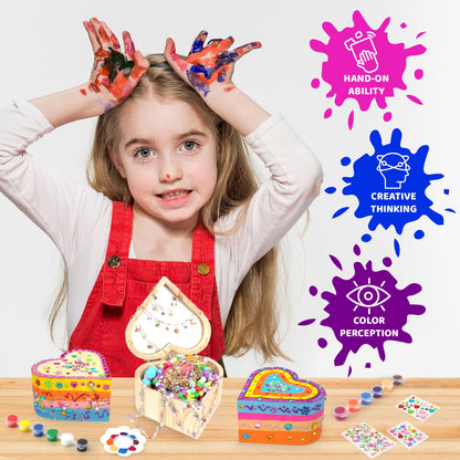Ambesi Paint Your Own Wooden Jewelry Box, Art Heart Treasure Box Kit for Girls, Decorate Jewelry Box Kit for Kids Ages 4-6, 6-8, DIY Arts and Crafts Gift for Birthday Mother's Day