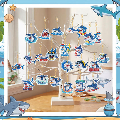 Huquary 30 Pcs Summer Diamond Art Keychains Shark Diamond Art Kits for Aldults Double Sided 5d Rhinestones Ocean Animal Beach Hanging Key Chains Ornaments for Beginners DIY Crafts Party