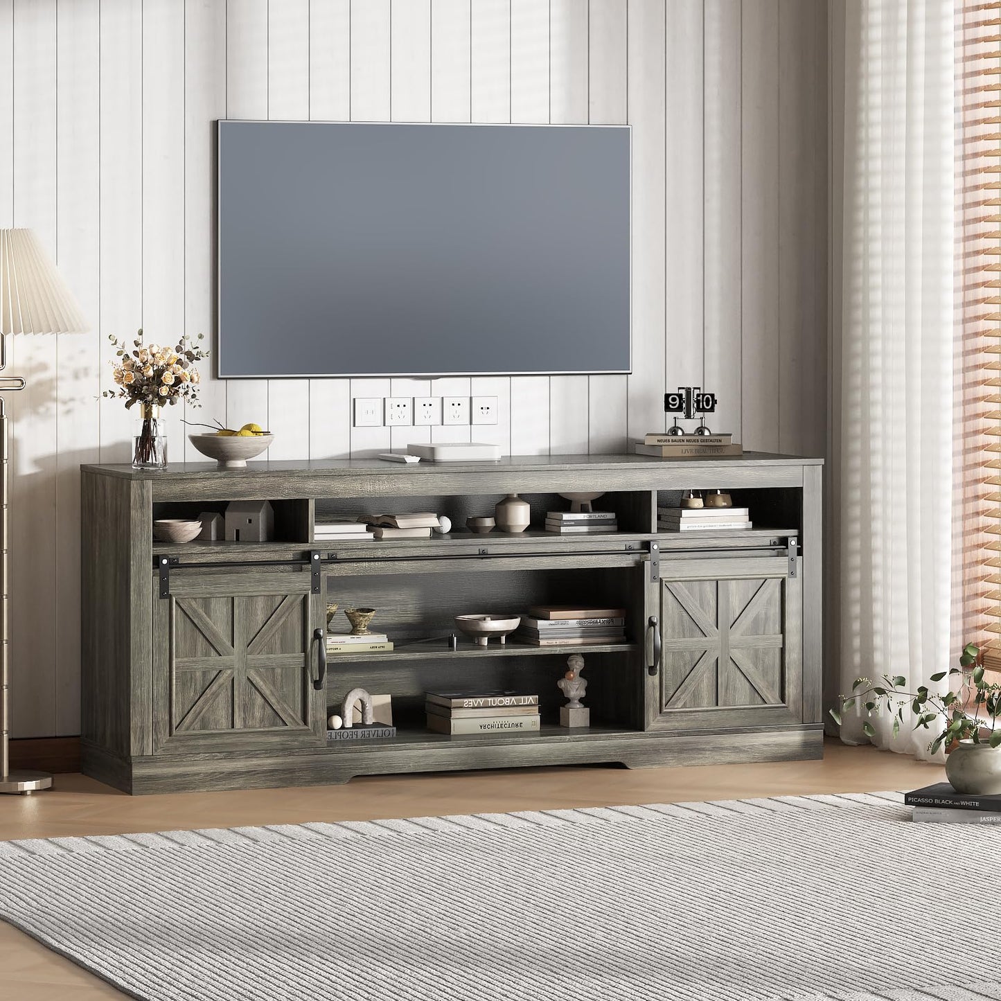 Garvee TV Stand Table for 75 in Television, Media Console Table with Open Storage, Power Outlets, Barn Doors, Entertainment Center with Adjustable Shelves for Home & Office, 66 in Width, Oak